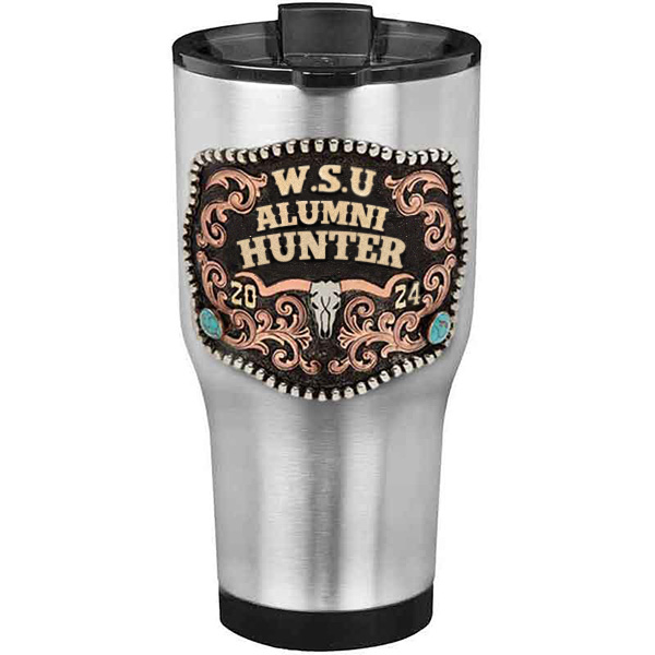 A customized tumbler made of stainless steel with a personalized engraved initials and Alumni Hunter lettering, 30 oz, ideal for coffee or cool drinks